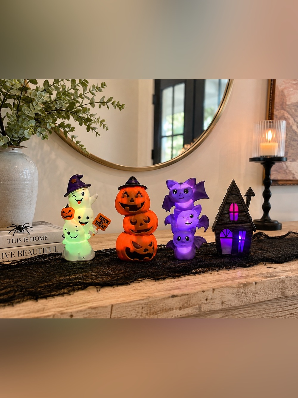 NEW Light-Up Halloween Decor Set of 4 Ghost Pumpkin Bat Haunted House - Picture 3 of 12
